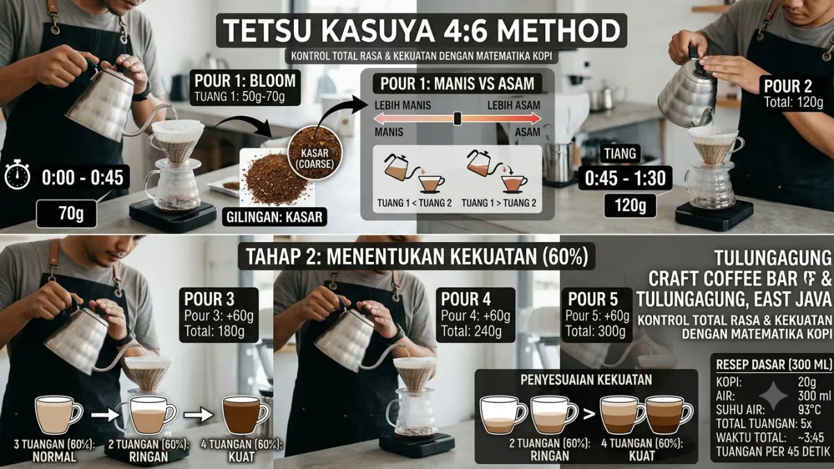 Metode 4:6 Tetsu Kasuya menggunakan lima kali pouring untuk 300 ml air. Simak resep dan cara mengatur karakter rasa seduhan.