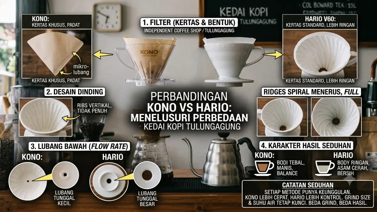 Perbedaan Kono dan Hario terlihat dari filter, desain dinding, lubang bawah, hingga karakter hasil seduhan kopi.