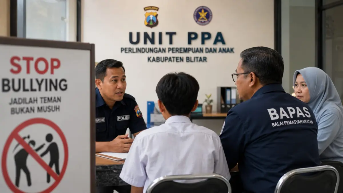 Polisi bersama Bapas dan UPTD PPA Kabupaten Blitar berkoordinasi dalam penanganan kasus bullying pelajar MTs di Wlingi, termasuk menguji kelayakan rekomendasi diversi sesuai ketentuan Sistem Peradilan Pidana Anak.