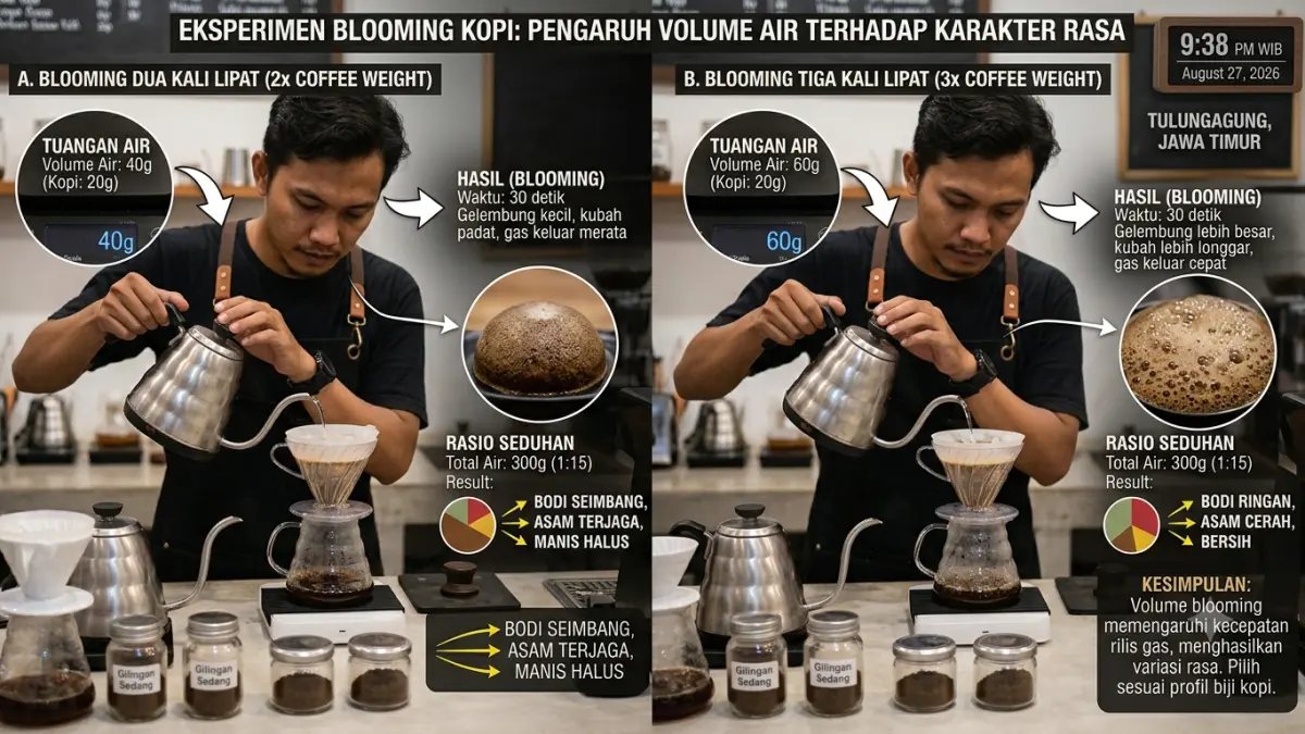 Teknik blooming kopi dengan volume air berbeda dapat memengaruhi karakter rasa. Simak eksperimen blooming dua dan tiga kali lipat.