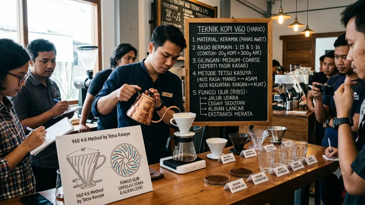 Teknik kopi V60 mencakup material dripper, rasio, ukuran gilingan, metode Tetsu, hingga fungsi ulir pada V60.