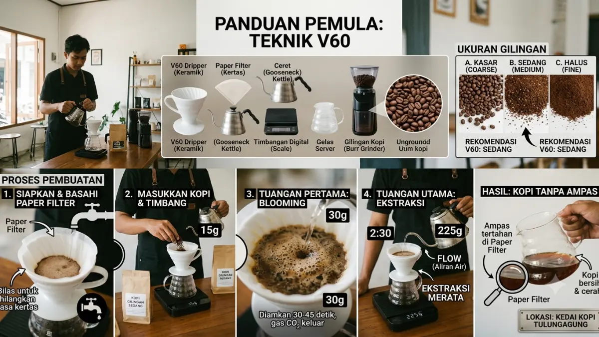 Teknik kopi V60 untuk pemula dijelaskan mulai dari alat, ukuran gilingan, paper filter, hingga gambaran proses membuat kopi tanpa ampas.