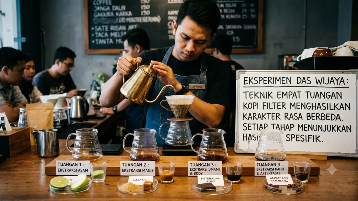 Teknik menyeduh kopi filter dengan empat tuangan menghasilkan karakter rasa berbeda. Eksperimen Das Wijaya menunjukkan hasil tiap tahap.
