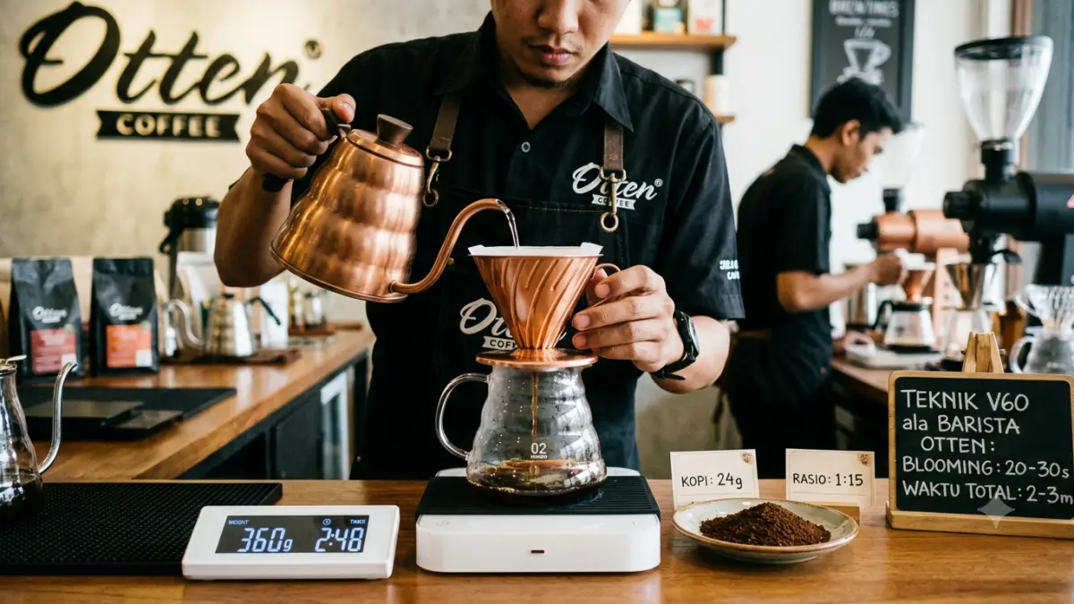 Teknik seduh kopi V60 ala barista Otten Coffee menggunakan 24 gram kopi, rasio 1:15, blooming 20–30 detik, dan waktu seduh 2–3 menit.