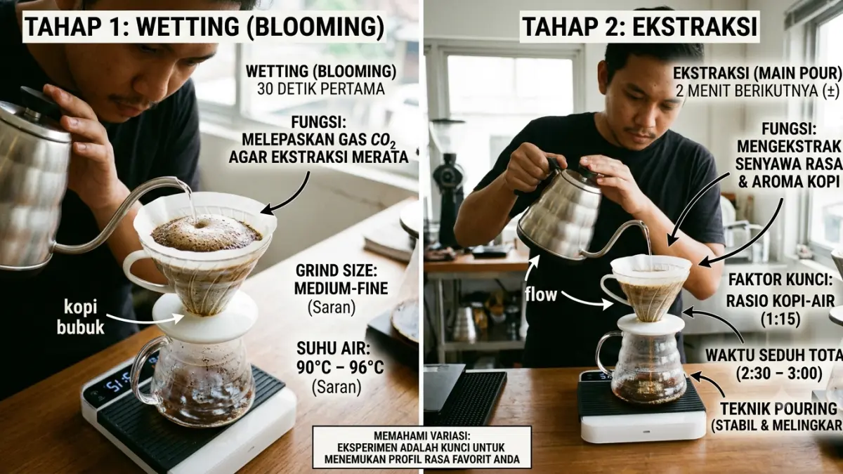 Teknik V60 dalam manual brew dibagi menjadi wetting dan ekstraksi. Simak penjelasan blooming, grind size, suhu, dan faktor lainnya.