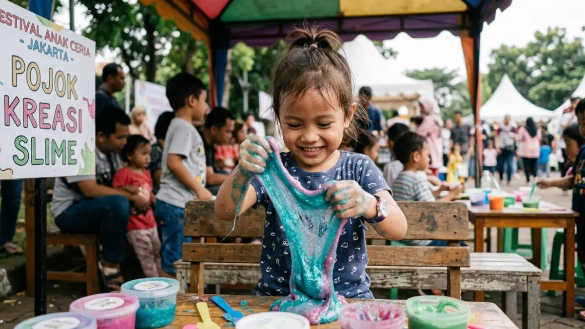 Foto jurnalistik tentang anak kecil mainan slime