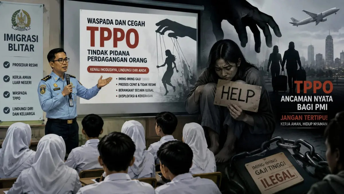 Ilustrasi edukasi pencegahan TPPO. Imigrasi Blitar mengingatkan pelajar agar mengenali modus perekrutan ilegal dan bahaya eksploitasi terhadap pekerja migran Indonesia.