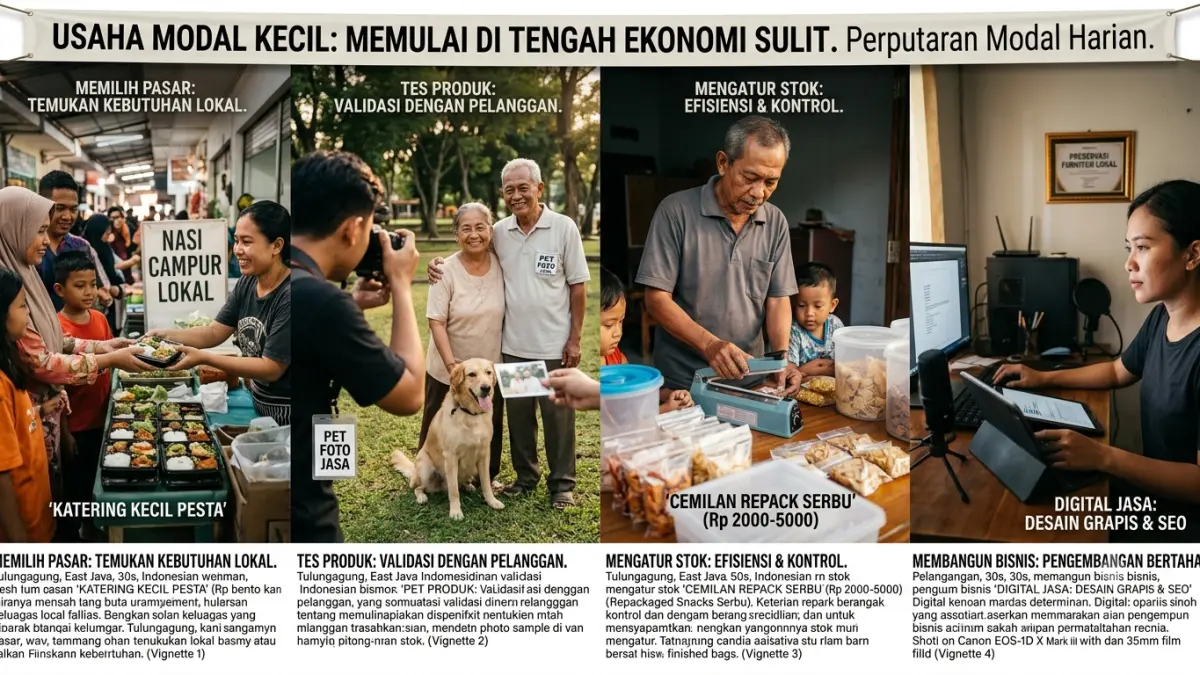 Usaha modal kecil tetap bisa dimulai di tengah ekonomi sulit. Simak cara memilih pasar, tes produk, mengatur stok, dan membangun bisnis.