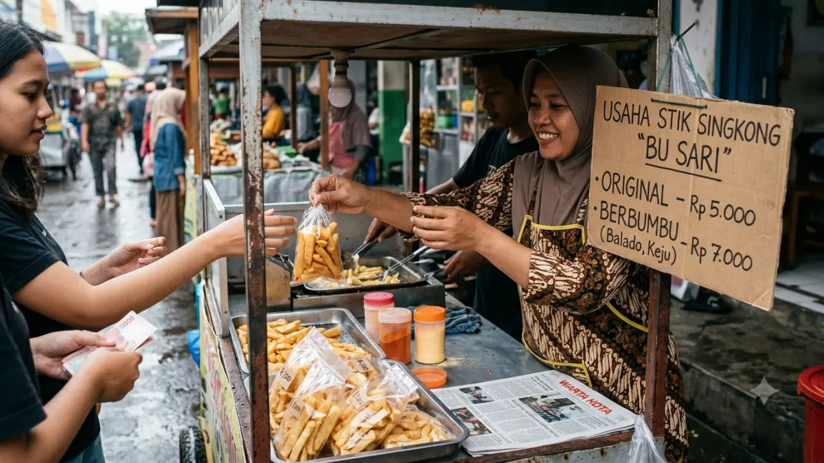 Stik singkong bisa menjadi ide usaha makanan ringan. Dijual Rp5.000 untuk varian original dan Rp7.000 untuk varian berbumbu.