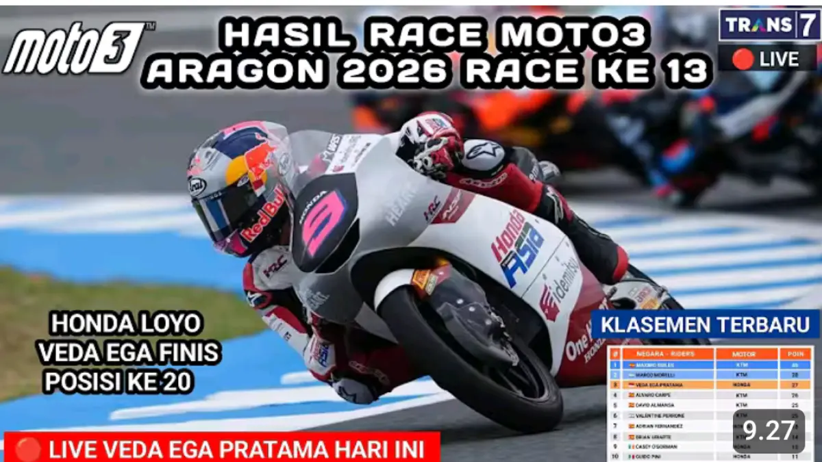 Hasil Moto3 Aragon 2026: Veda Ega Pratama Start ke-22, Finis ke-20