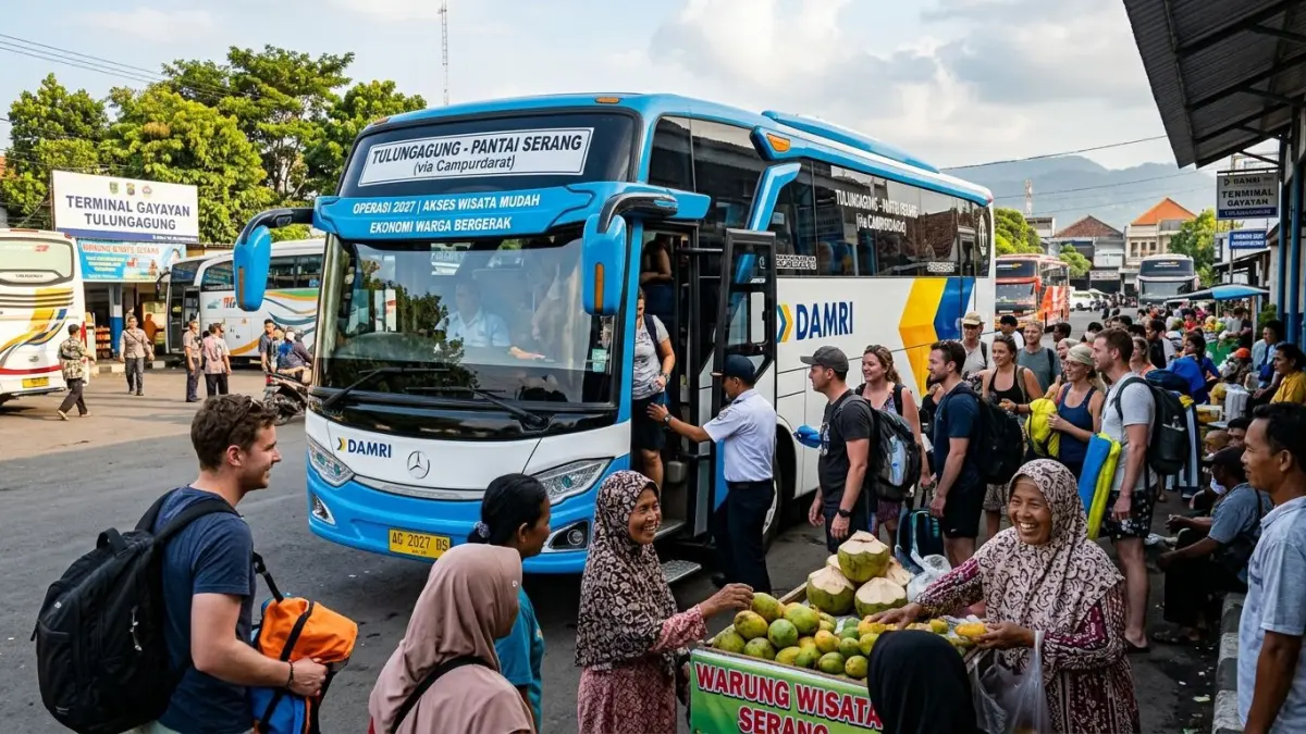 IlustrasiBus Damri rute Tulungagung-Pantai Serang ditargetkan beroperasi 2027 untuk memudahkan akses wisata dan menggerakkan ekonomi warga.