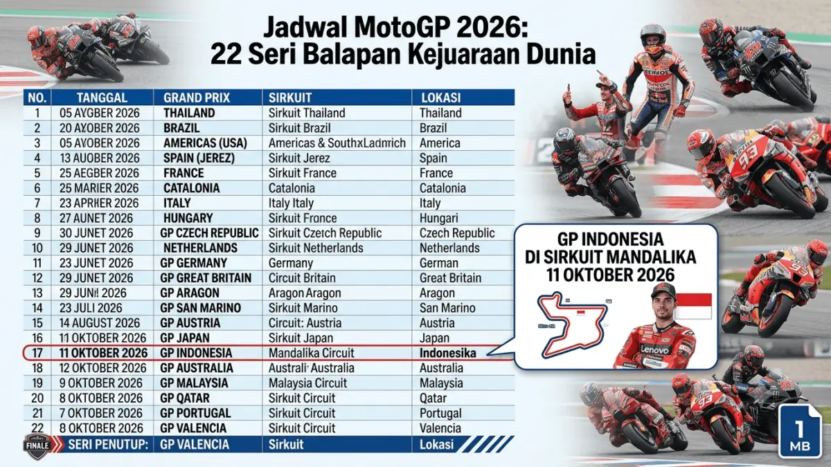 Jadwal MotoGP 2026 memuat 22 seri balapan, termasuk GP Indonesia di Mandalika pada 11 Oktober dan seri penutup di Valencia.
