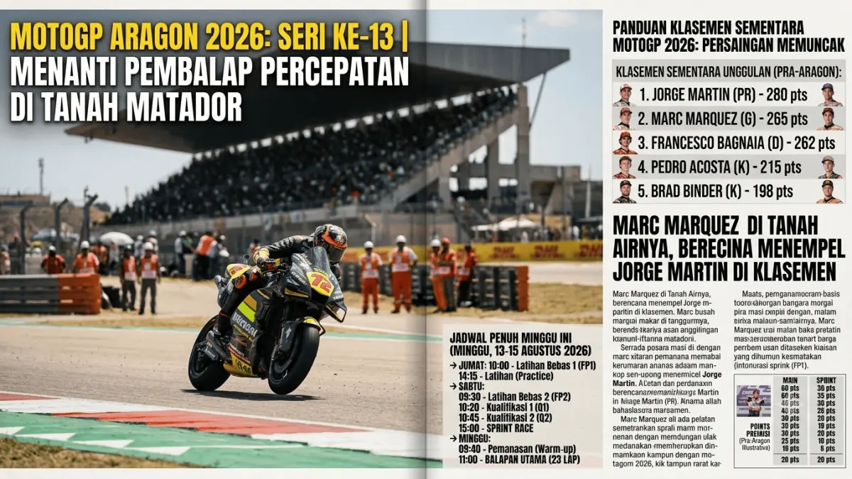 Jadwal MotoGP Aragon 2026 memasuki seri ke-13. Simak jadwal latihan, kualifikasi, Sprint, race, dan klasemen sementara MotoGP.
