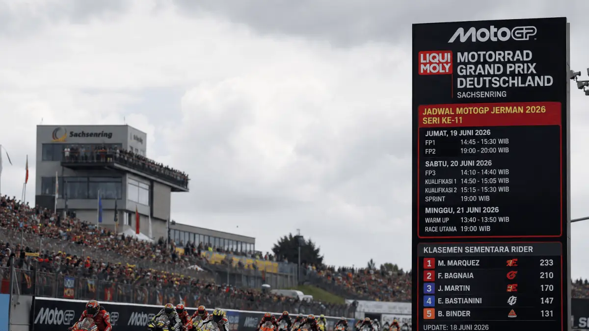 Jadwal MotoGP Jerman 2026 seri ke-11 lengkap dari latihan bebas, kualifikasi, Sprint hingga race utama dan klasemen sementara.