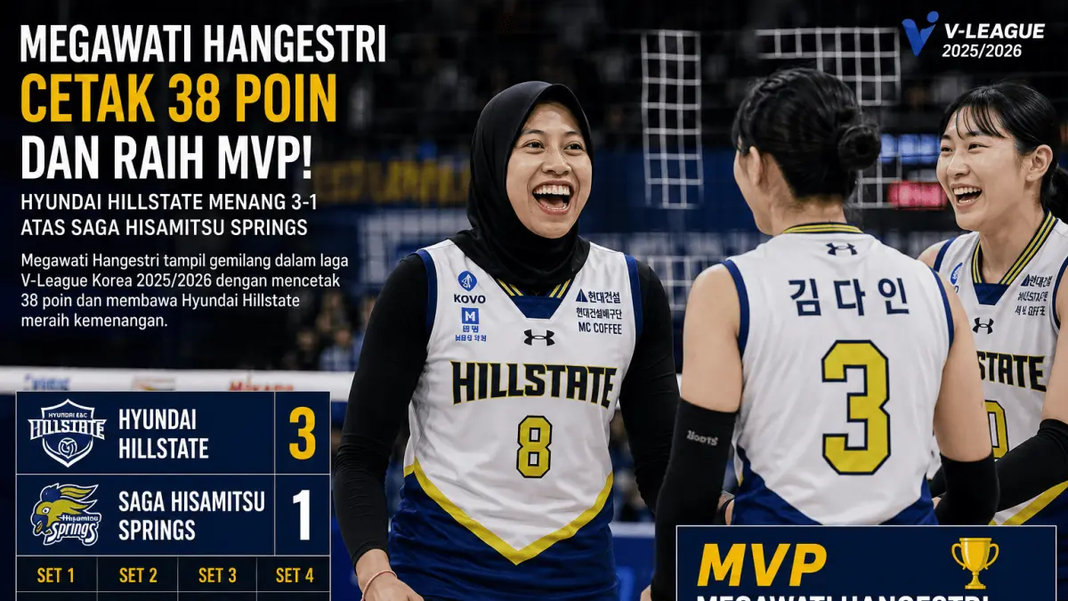 Megawati Hangestri cetak 38 poin dan meraih MVP saat Hyundai Hillstate menang 3-1 atas Saga Hisamitsu Springs.