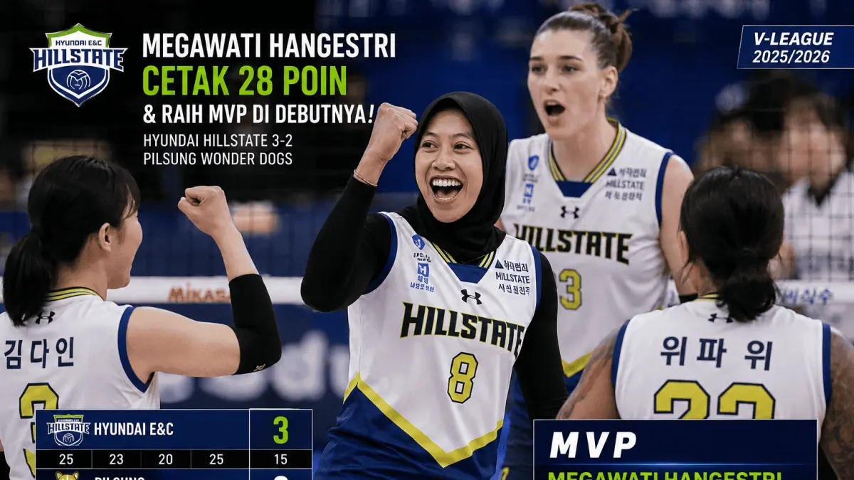 Megawati Hangestri mencetak 28 poin dan meraih MVP saat Hyundai Hillstate menang 3-2 atas Pilsung Wonder Dogs dalam laga debutnya.
