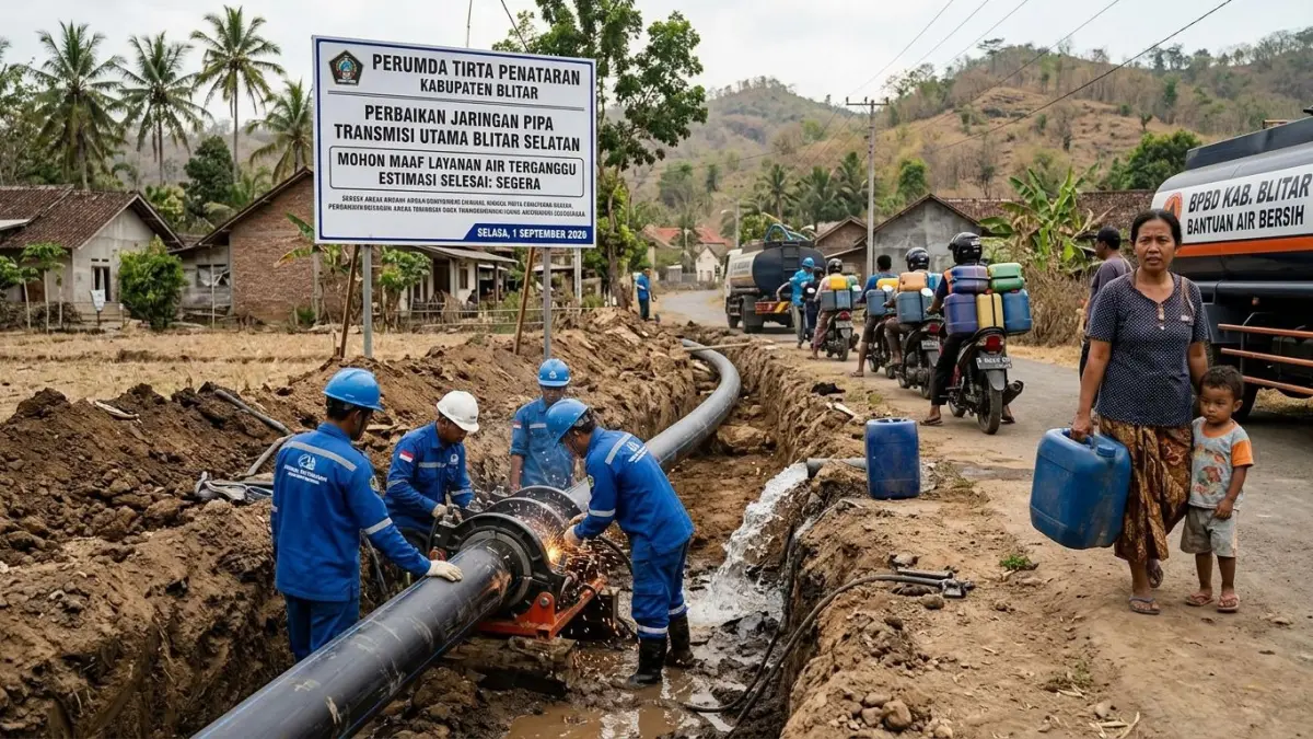 Pasokan air bersih Perumda Tirta Penataran di wilayah Blitar Selatan terganggu akibat adanya pekerjaan perbaikan dan penyambungan jaringan pipa transmisi utama.