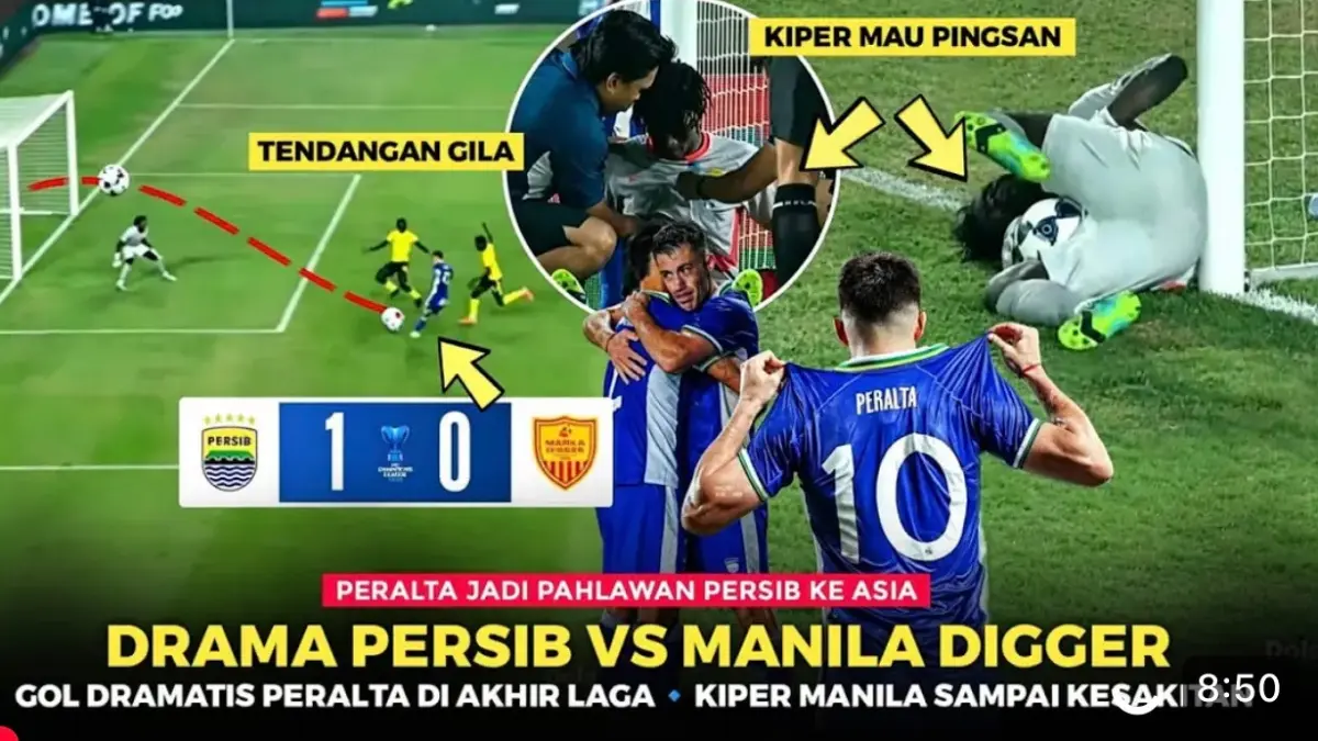 Persib Bandung lolos ACL 2 2026-2027 setelah mengalahkan Manila Digger 1-0 lewat gol Mariano Peralta pada menit ke-89.