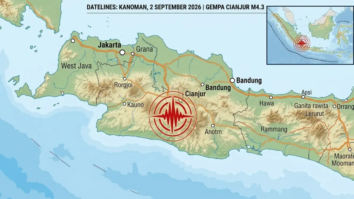 Gempa Cianjur M4,3 mengguncang Kanoman pada Selasa sore. Sejumlah warga merasakan getaran dan data gempa masih bisa direvisi. (ILUSTRASI AI)