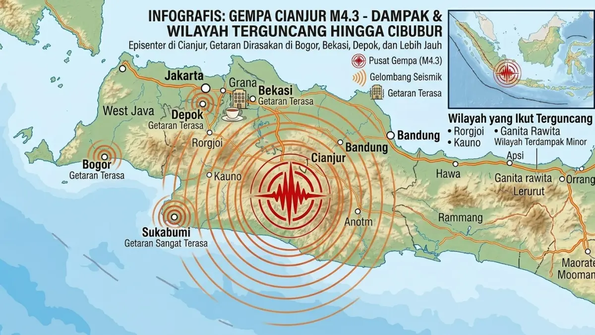 Gempa Cianjur M4,3 terasa hingga Bandung dan Cibubur. BMKG mencatat Cianjur merasakan guncangan paling kuat dengan intensitas 3-4 MMI. (ILUSTRASI AI)