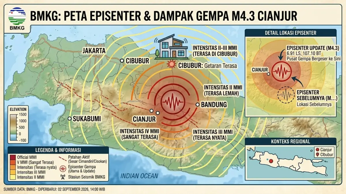 Gempa Cianjur M4,3 terjadi Selasa sore. BMKG memperbarui episenter dan kedalaman gempa yang getarannya terasa hingga Cibubur. (ILUSTRASI AI)