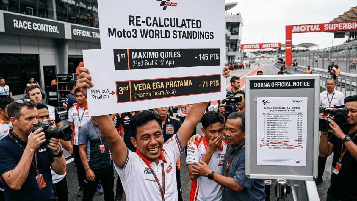 Klasemen Moto3 terbaru menempatkan Maximo Quilles di puncak dengan 145 poin. Brian Uriarte berada di urutan kedelapan usai didiskualifikasi.