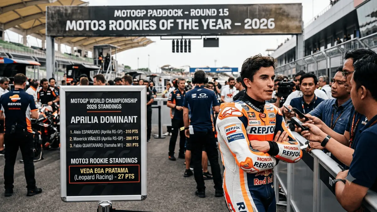 Marc Marquez tak terkejut Aprilia dominan di MotoGP 2026. Sementara Veda Ega Pratama memimpin klasemen rookie Moto3 dengan 27 poin.