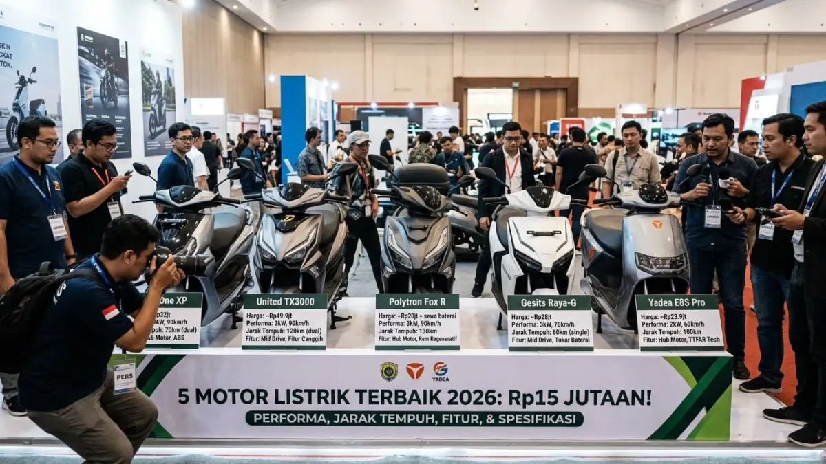 5 motor listrik terbaik 2026 dengan harga mulai Rp15 jutaan, lengkap dengan perbandingan performa, jarak tempuh, fitur, dan spesifikasinya.