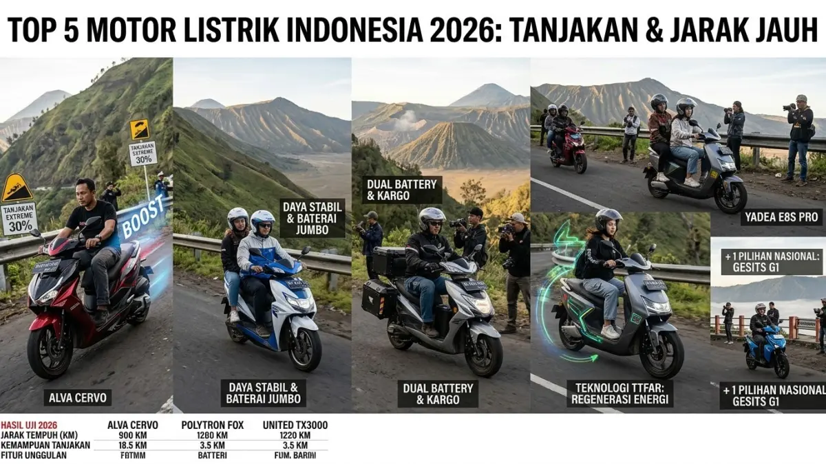 5 motor listrik terbaik 2026 untuk tanjakan dan perjalanan jauh, dari Alva Servo, Polytron Fox, United TX3000 hingga Yadea E8S Pro.