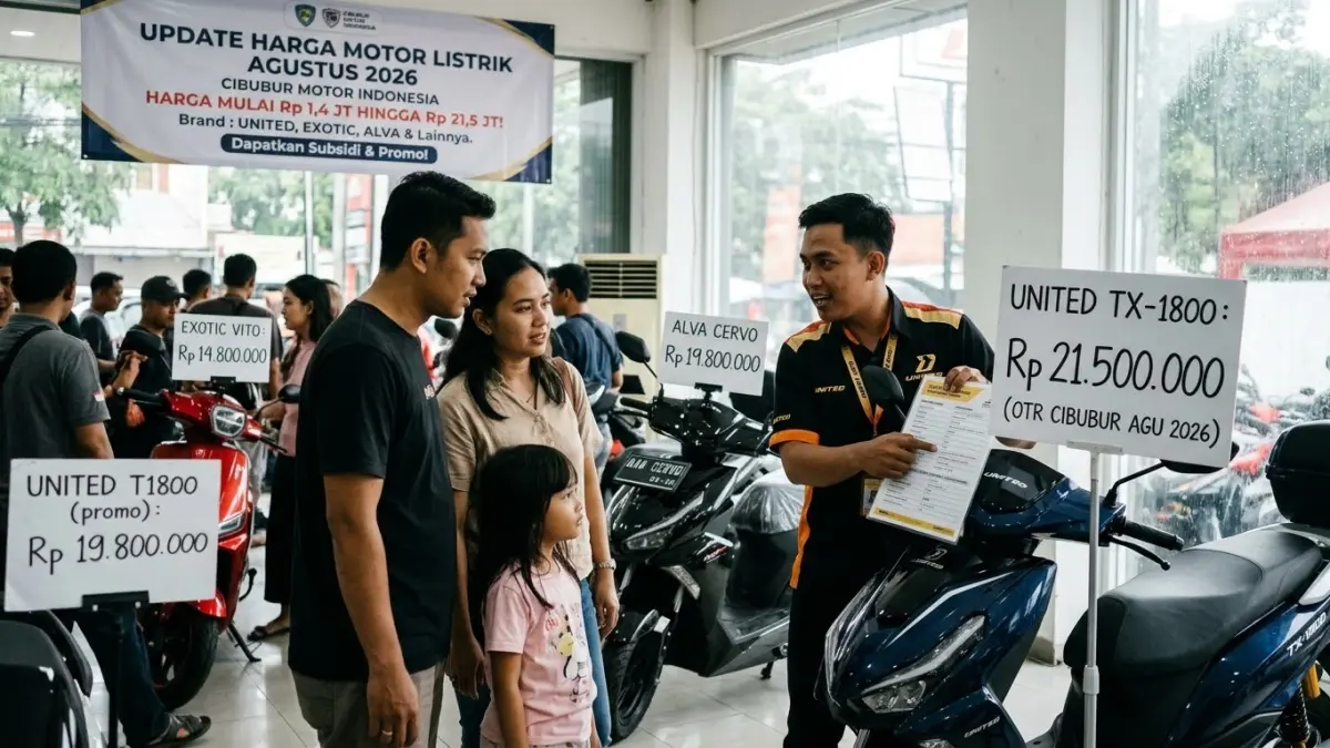Update harga motor listrik Agustus 2026 di Cibubur, mulai Rp1,4 juta hingga Rp21,5 juta dari United, Exotic, dan Alvan.