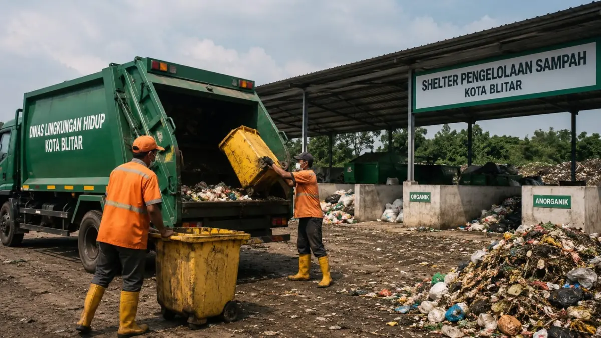 Petugas kebersihan mengangkut sampah menggunakan armada truk di shelter pengelolaan sampah. Pemkot Blitar mengajukan dukungan bantuan ke Pemprov Jatim dan pemerintah pusat untuk memperkuat tata kelola persampahan.