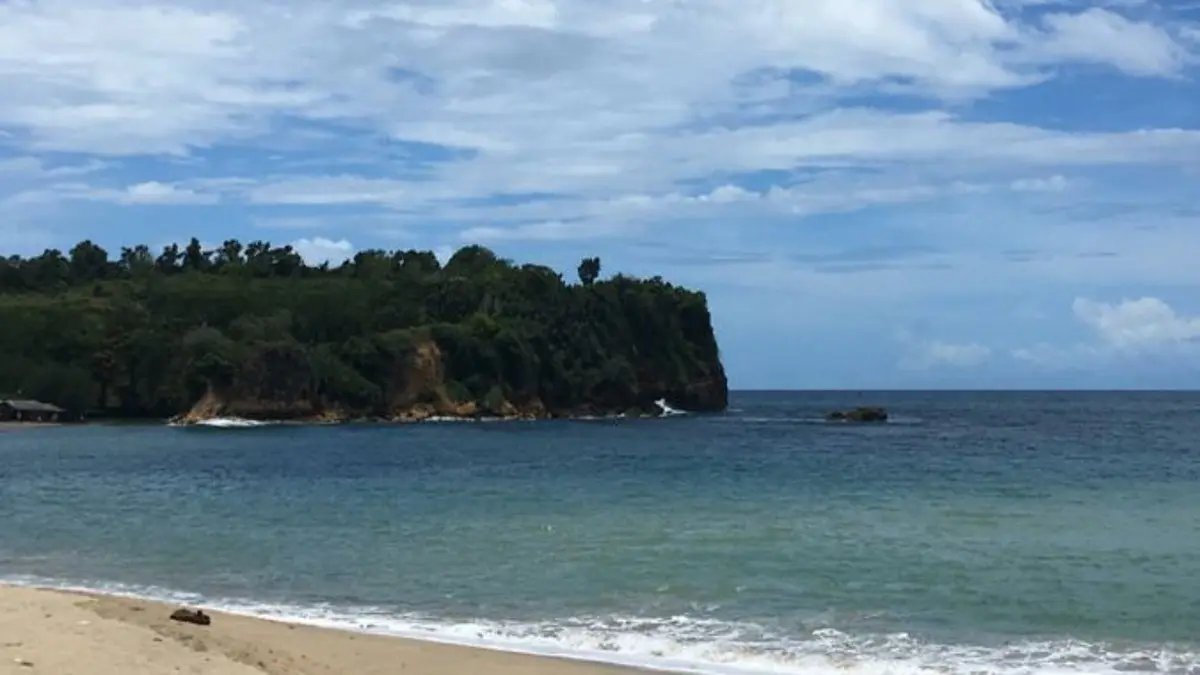 Pantai Tambakrejo Blitar ramai saat Minggu sore. Ada pasir putih, laut biru kehijauan, warung ikan asap, dan pemecah ombak panjang.(Pinterest)