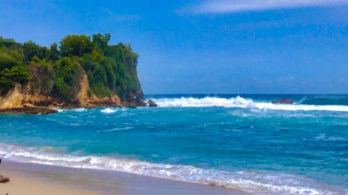 Pantai Tambakrejo Blitar ramai saat Minggu. Tiket masuk Rp10 ribu per orang, parkir Rp5 ribu, dengan ikan asap dan pemecah ombak.(Pinterest)