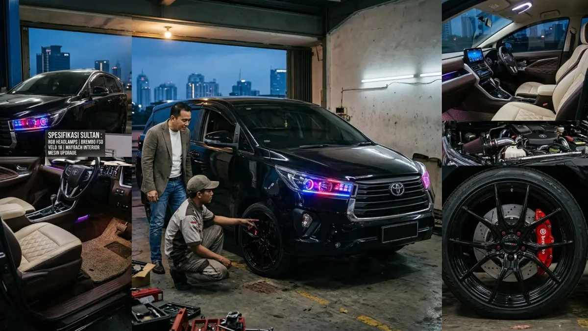 Toyota Innova G 2024 dimodifikasi menjadi spek Sultan dengan headlamp RGB, Brembo F50, velg ring 18, interior ala Maybach dan upgrade mesin.