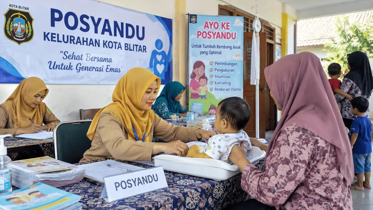 Kader Posyandu melayani pemeriksaan tumbuh kembang anak dalam kegiatan Posyandu di Kota Blitar.