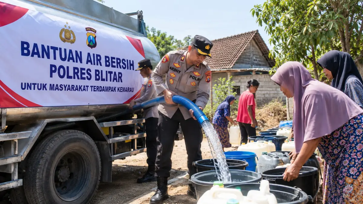 Petugas kepolisian menyalurkan bantuan 20 ribu liter air bersih kepada warga Desa Sukorejo, Kecamatan Wates, yang terdampak krisis air akibat kemarau panjang.