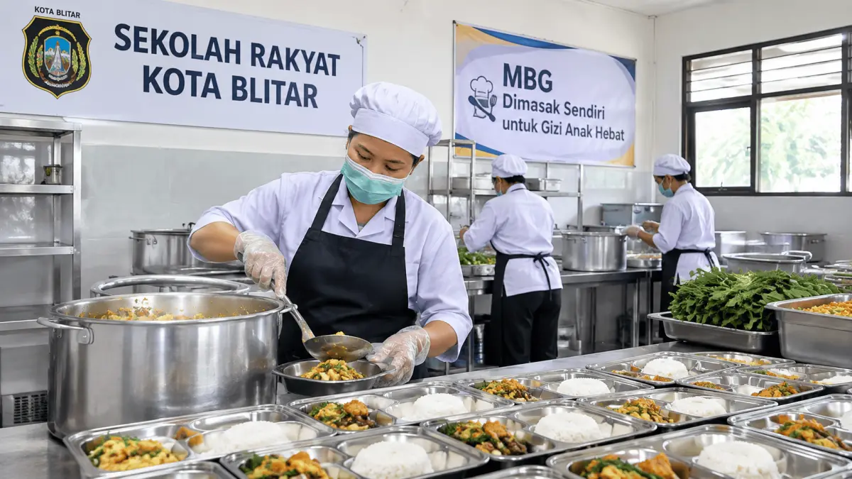 Petugas menyiapkan menu Makan Bergizi Gratis (MBG) secara mandiri di dapur Sekolah Rakyat Kota Blitar.