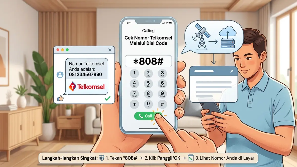 Cara cek nomor Telkomsel bisa dilakukan lewat kode *808#. Simak langkah singkat untuk mengetahui nomor Telkomsel yang sedang digunakan.(ILUSTRASI AI)