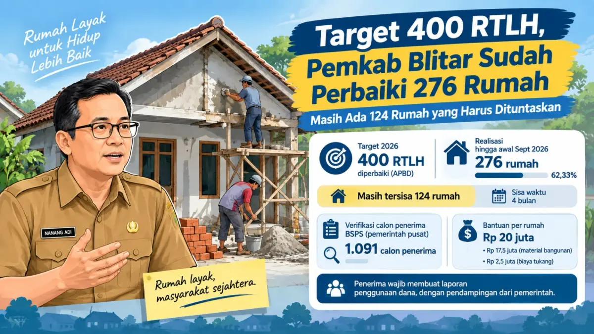 TARGET RTLH: Pemkab Blitar menargetkan perbaikan 400 rumah tidak layak huni (RTLH) pada 2026. Hingga awal September, sebanyak 276 rumah telah diperbaiki.