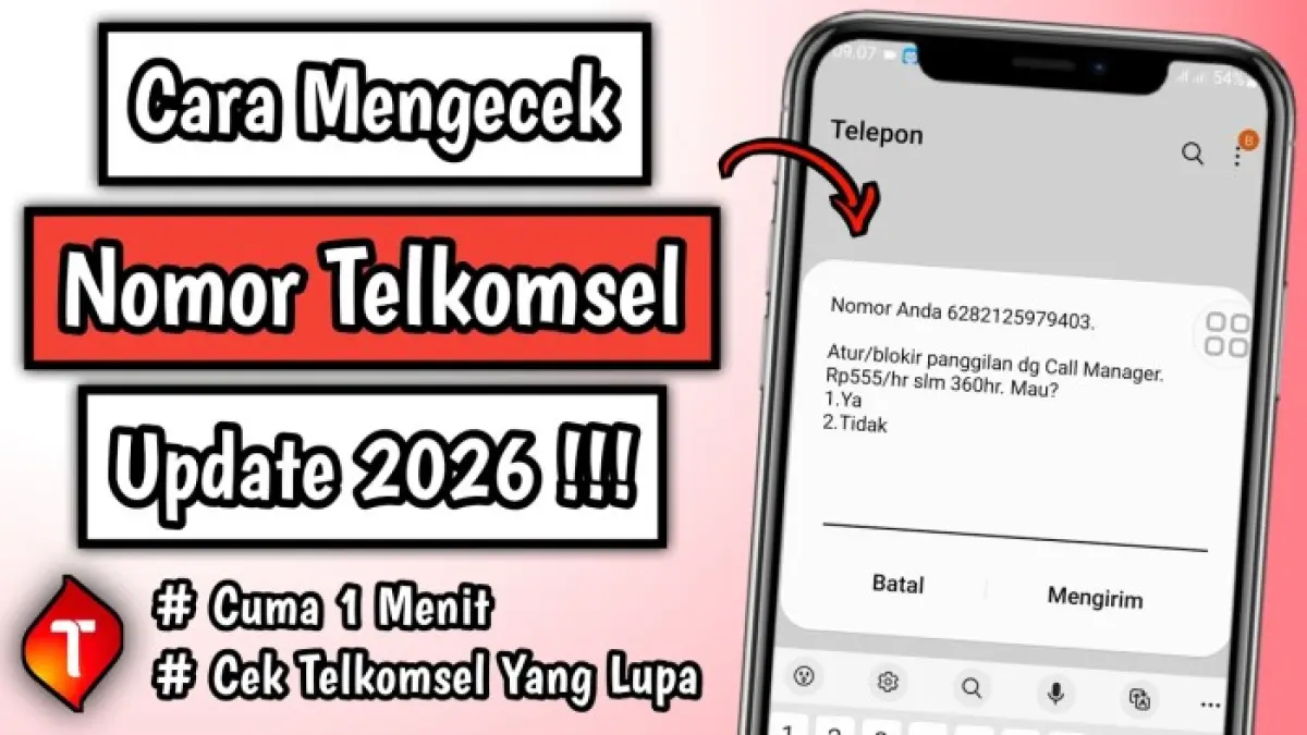 Cara cek nomor Telkomsel lewat HP dilakukan melalui menu telepon dengan kode *808#. Tutorial juga menjelaskan biaya layanan Rp100.