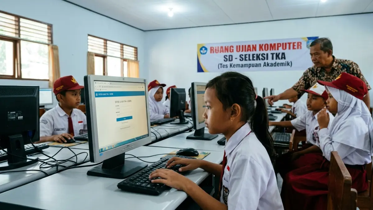 Cara login simulasi TKA SD SMP dimulai dari membuka laman Ayo Coba TKA, memilih jenjang, memasukkan token, hingga mengerjakan soal 75 menit.(ILUSTRASI AI)