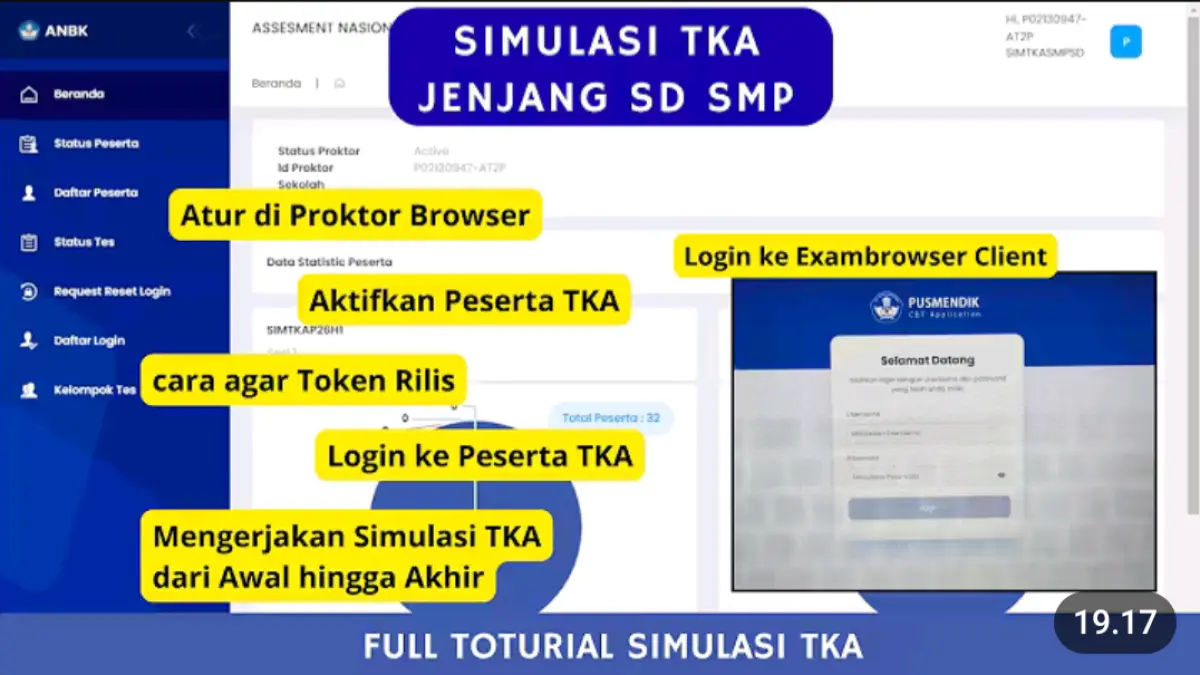 Simulasi TKA SD SMP menggunakan Proctor Browser dan ExamBro. Simak panduan login proktor, rilis token, hingga pengerjaan subtes peserta.