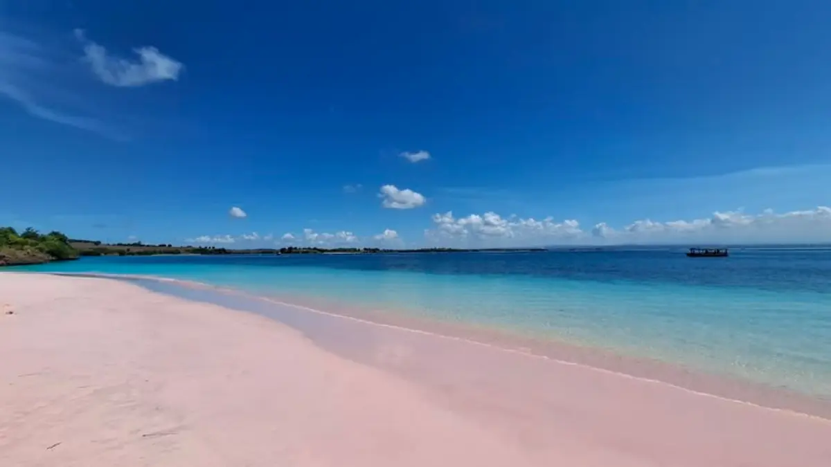 Pantai Pink Lombok Timur atau Pantai Tangsi menawarkan pasir merah muda alami, air jernih, ombak tenang, dan pilihan akses darat maupun laut.(Pinterest)