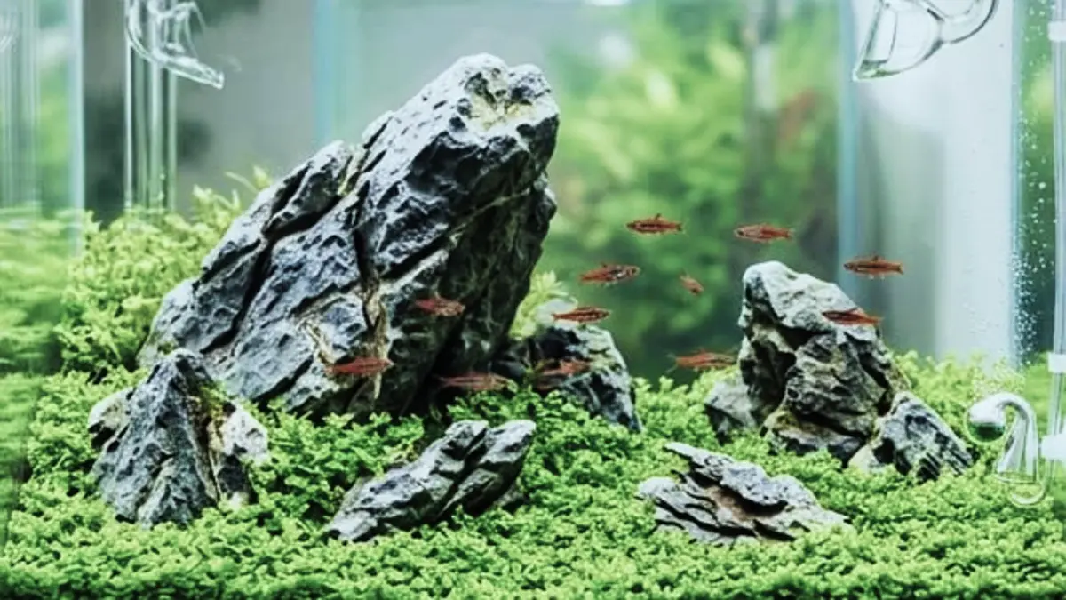 Aquascape Iwagumi bisa dibuat sederhana tanpa CO2 menggunakan moss lokal. Simak cara menyiapkan rumah bakteri dan perawatannya. (PINTEREST)