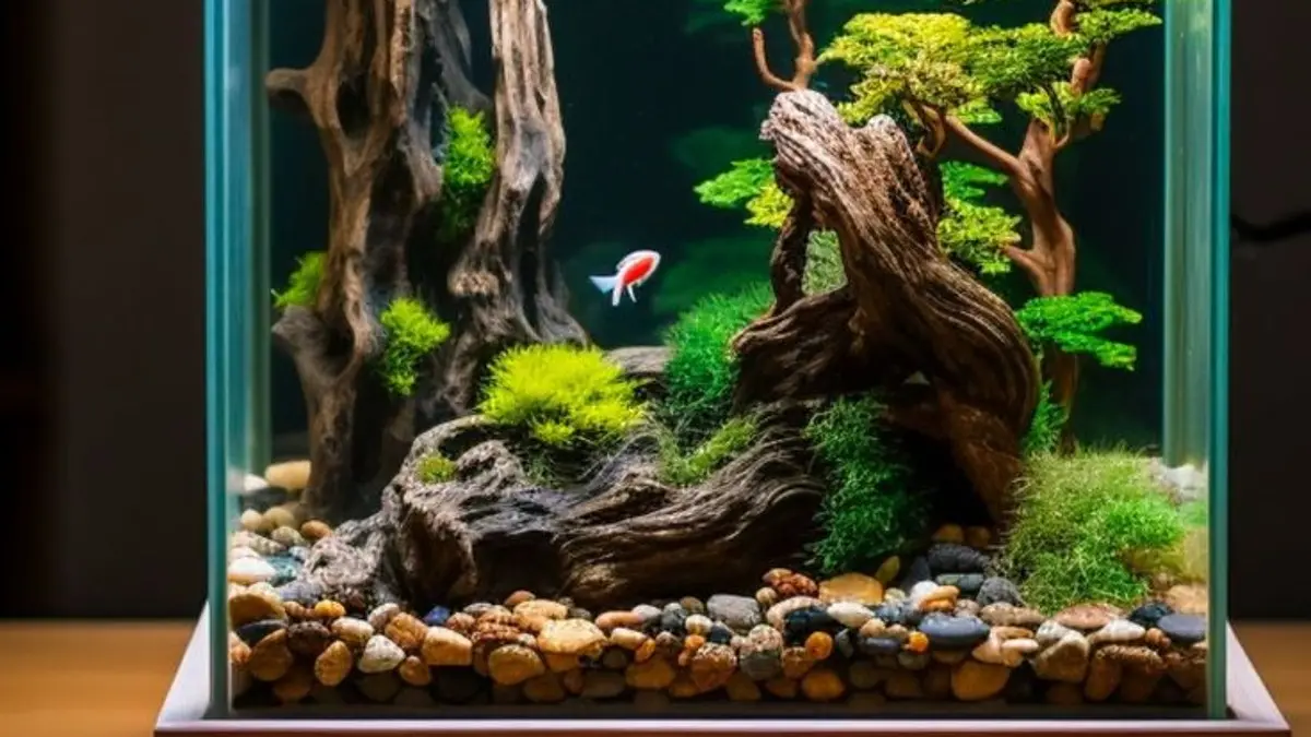 Aquascape minimalis bisa dibuat di akuarium kecil dengan batu, pasir, dan tanaman low maintenance. Simak tahapan pembuatannya. (PINTEREST)