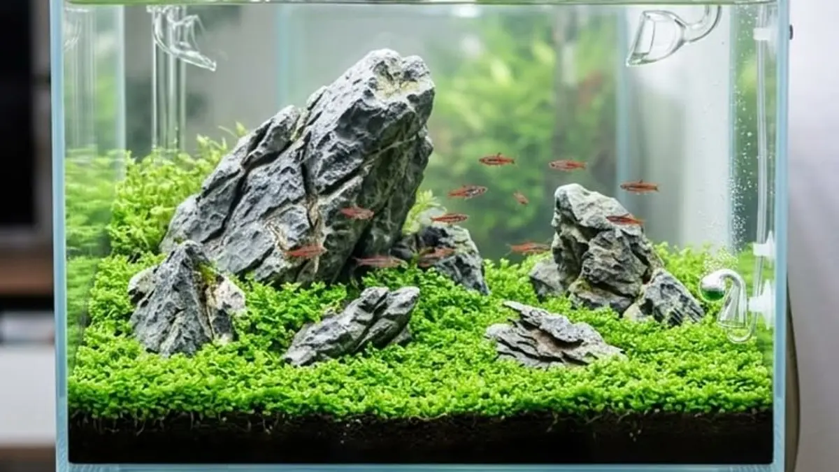 Aquascape minimalis tema natural bisa dibuat dengan empat jenis tanaman. Simak tahapan hardscape, cycling, hingga planting. (PINTEREST)