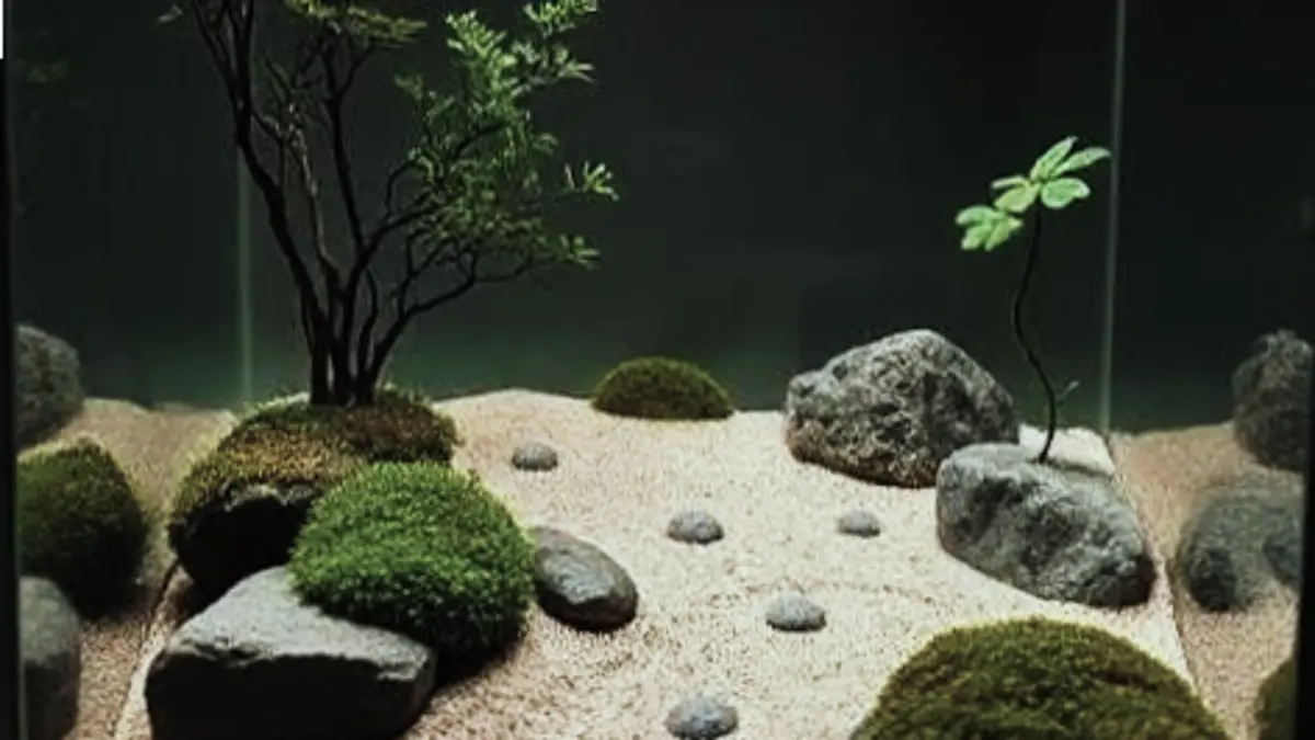 Aquascape Nano 30x20x20 cm dibuat dengan konsep Iwagumi, pasir Malang, batu dan tanaman hingga berkembang setelah dua bulan. (PINTEREST)