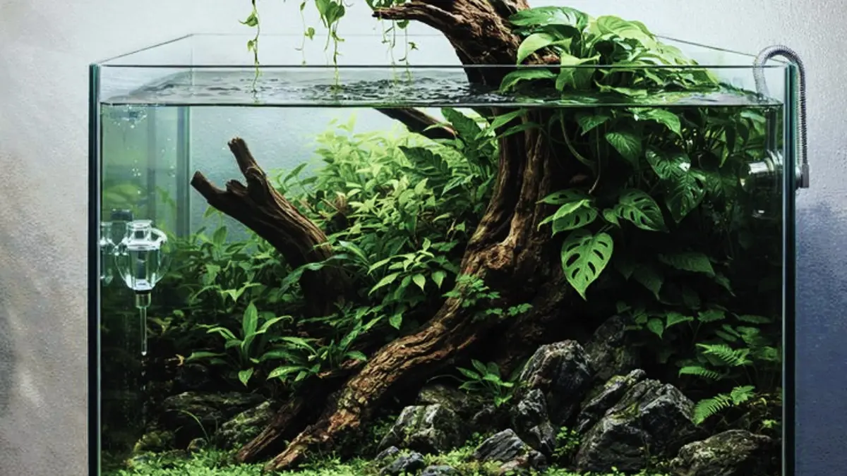 Aquascape pemula tema natural bisa dibuat dengan perlengkapan sederhana. Simak tahapan hardscape, cycling, hingga planting. (PINTEREST)