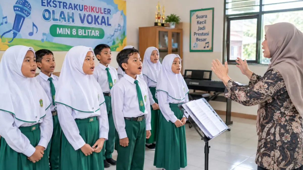 ASAH BAKAT: Ekskul olah vokal MIN 8 Blitar menjadi wadah siswa mengembangkan kemampuan bernyanyi hingga meraih prestasi Porseni.