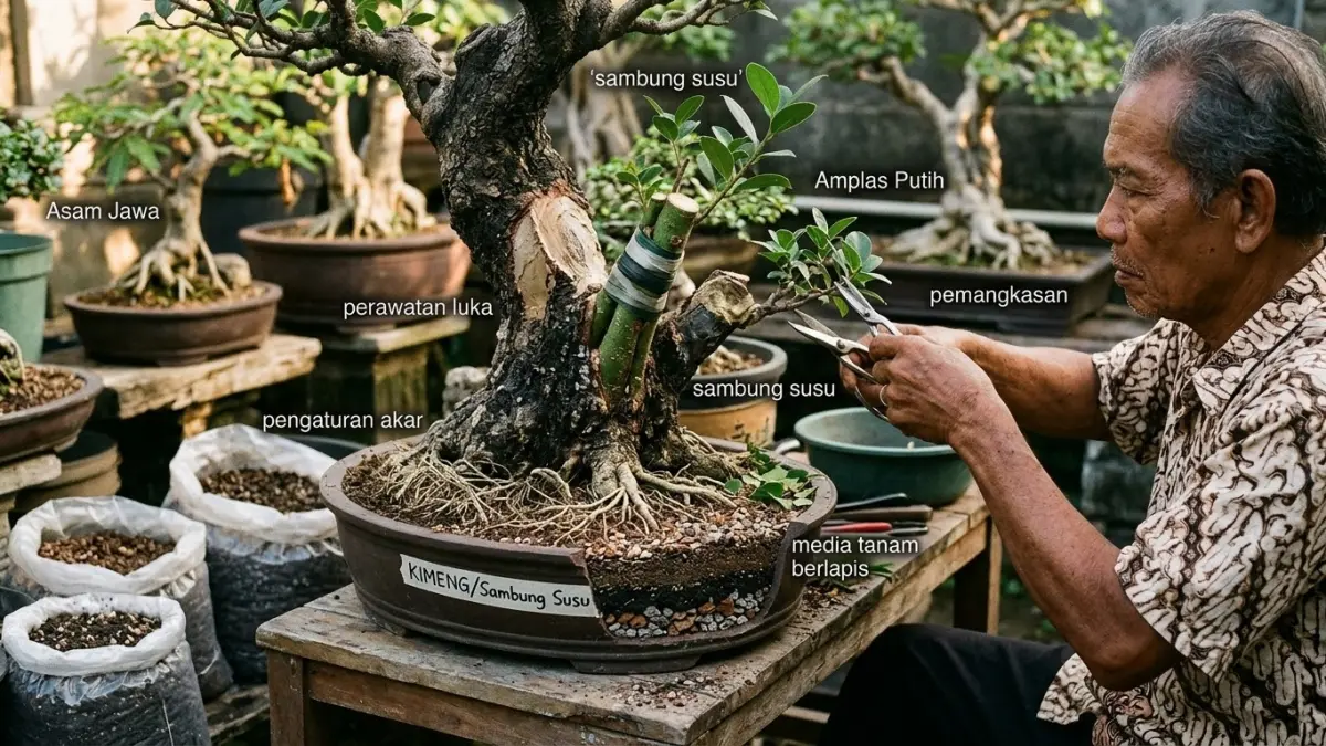 Belajar membentuk bonsai kimeng dari pengalaman menangani luka batang, memangkas percabangan, sambung susu, dan pentingnya kesabaran.